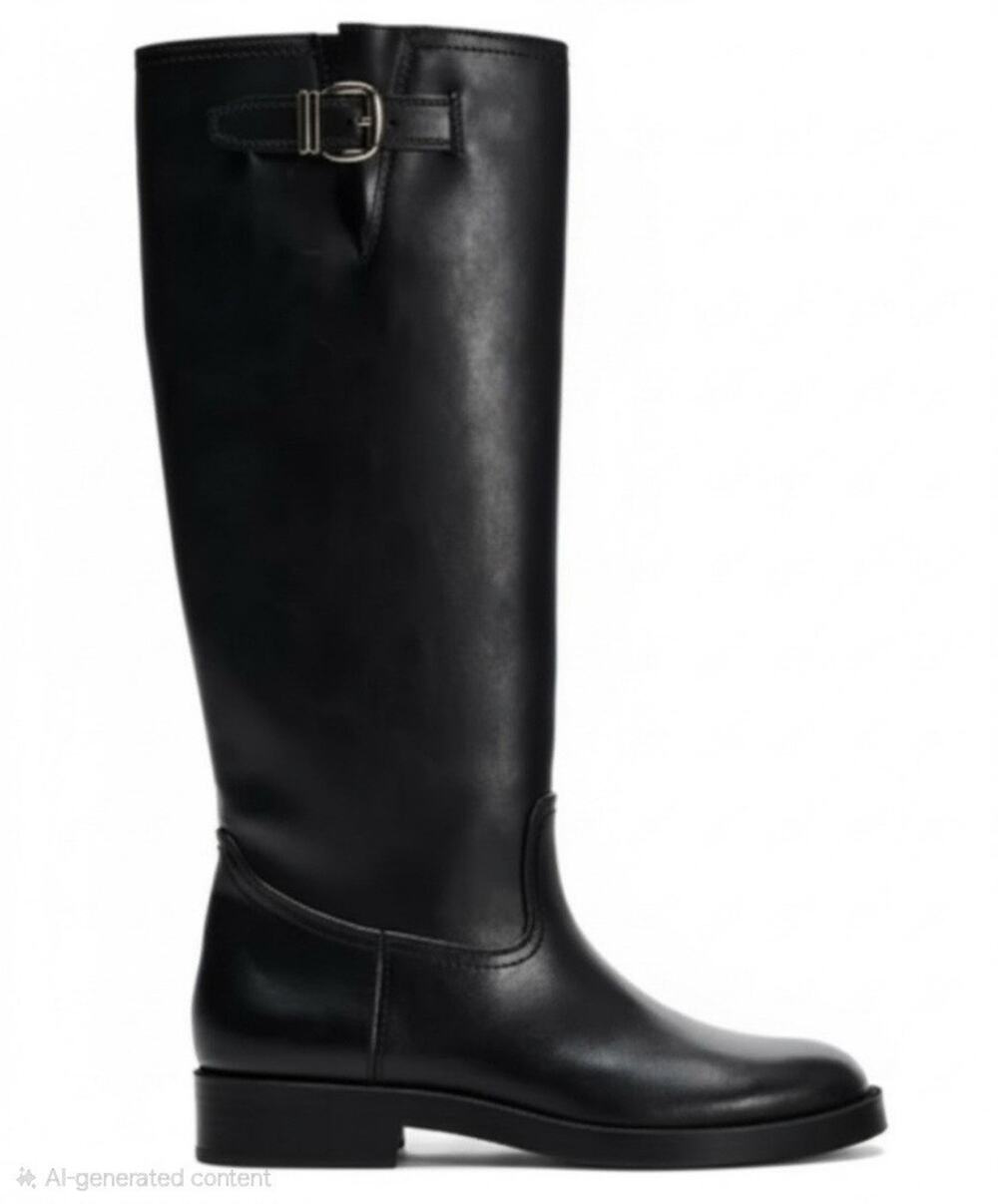 Zara Women’s Knee-High Riding Boots Black Faux Leather Bow Round Toe 9.5